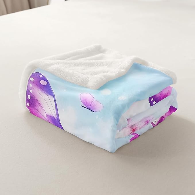 Feelyou Purple Blue Butterfly Fleece Throw Blanket 40"x50" Kids Girls Sherpa Blanket Plush Fuzzy for Bed Couch Chair Living Room, Floral Flower Bed Blanket Cute Watercolor Room Decor