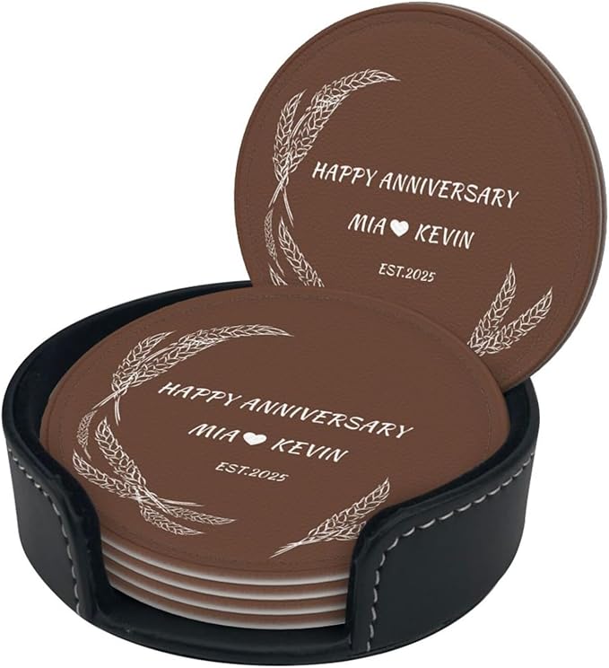 Customized Coasters Set of 6, Custom Brown PU Coasters with Name and Year 2025, Customize Coaster Set for Couples, Housewarming Gift for Couples New Home, Leather Coaster for Anniversary