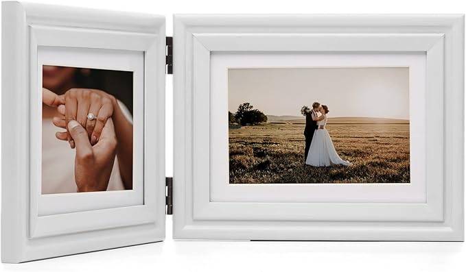 Horizontal 5X7 Picture Frames Double Hinged Wood Folding Photo Frames with Real Glass Front Fit for Desktop or Tabletop Display Pictures 4x6 with Mat or 5x7 Without Mat, White XBAI-H75X2