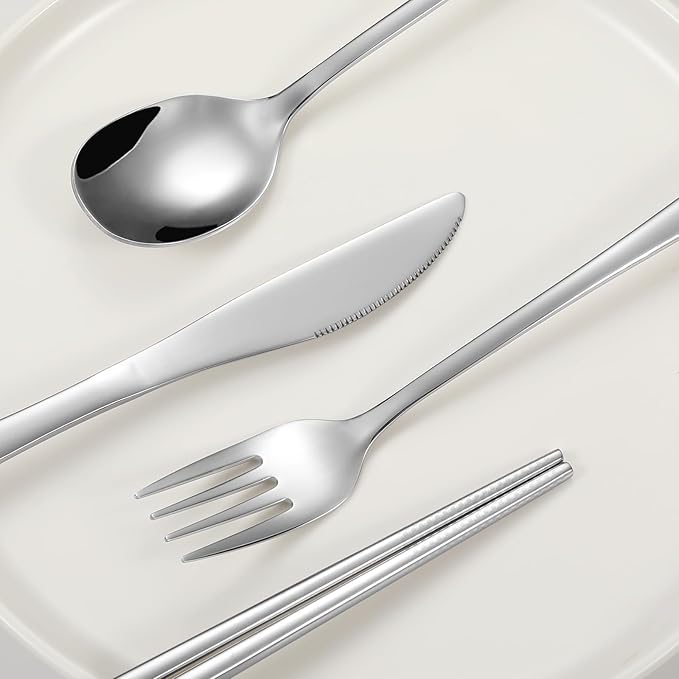 Travel cutlery set, 18/8 stainless steel cutlery, Reusable utensils set with case, Portable Silverware Lunch Box for Camping and Office-Stainless steel