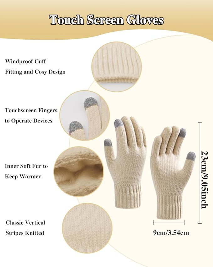 Winter Beanie Hat Scarf Gloves Set for Women, Fleece Knit Pompom Beanie Neck Warmer Long Scarf Touchscreen Gloves 3 in 1 Set