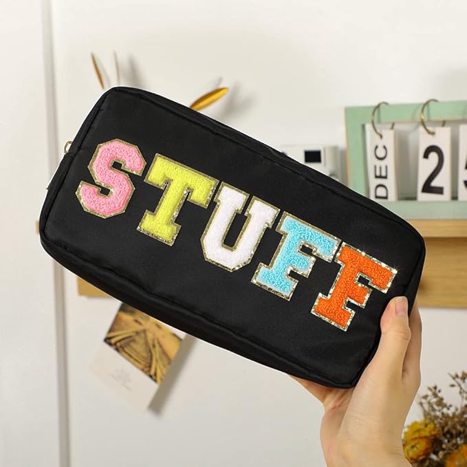 DYSHAYEN Nylon Cosmetic Bag Preppy Makeup Stuff Bag for Women Travel Toiletry Organizer with Chenille Letter Patches (Black-STUFF)