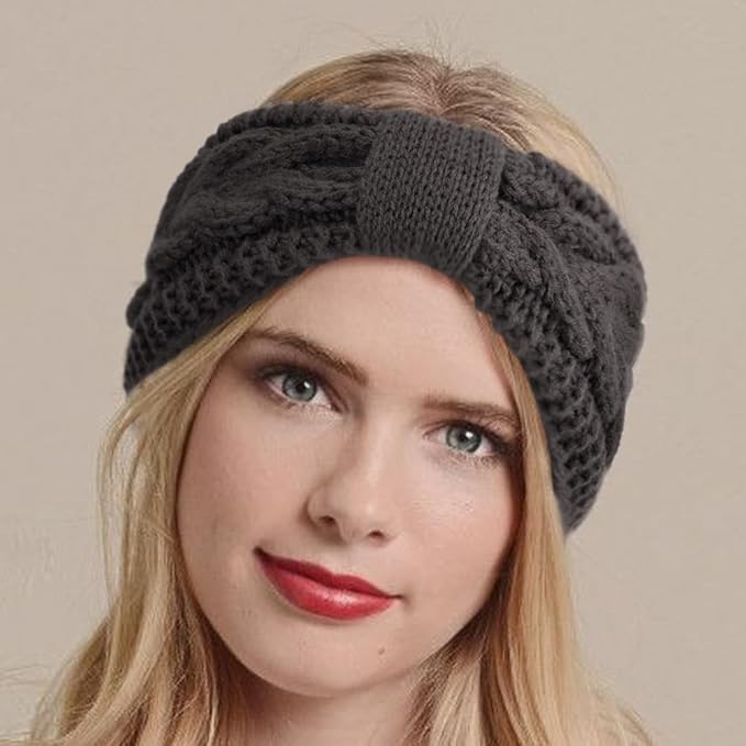 AQOKKA Knit Winter Headbands for Women Fuzzy Wool Fleece Lined Ear Warmers Elastic Turban Crocheted Head Wrap Winter Accessories for Women Cold Weather