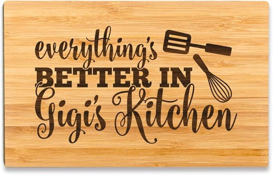 Andaz Press Laser Engraved Small Bamboo Wood Cutting Board, 9.5 x 6-inch, Everything is Better in Gigi's Kitchen, 1-Pack Grandma Mother's Day Mom's Birthday Grandma Cutting Board Grandma Gift Ideas