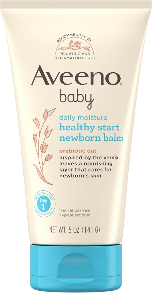 Aveeno Baby Healthy Start Nourishing Newborn Balm, Hypoallergenic Baby Skin Balm with Prebiotic Oat Leaves a Nourishing Layer to Care for Newborn Skin, Fragrance-Free, 5 oz