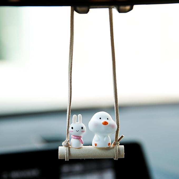 YGMONER Cute Swinging Chick & Bunny Car Rear View Mirror Hanging Accessories Funny Car Interior Decor Gifts for Women Men (Chick and Bunny)