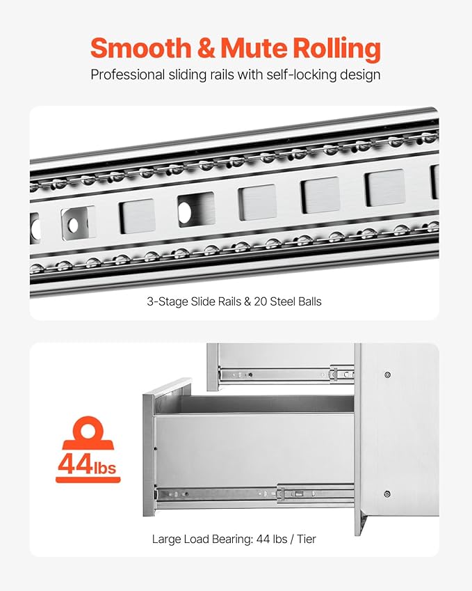 VEVOR Outdoor Kitchen Drawer 16" W x 21.5" H x 18" D, Outdoor Kitchen Cabinets, BBQ Drawer Stainless Steel, Flush Mount Triple Access, with Handle, BBQ Island, Outdoor Grill Patio Grill Station