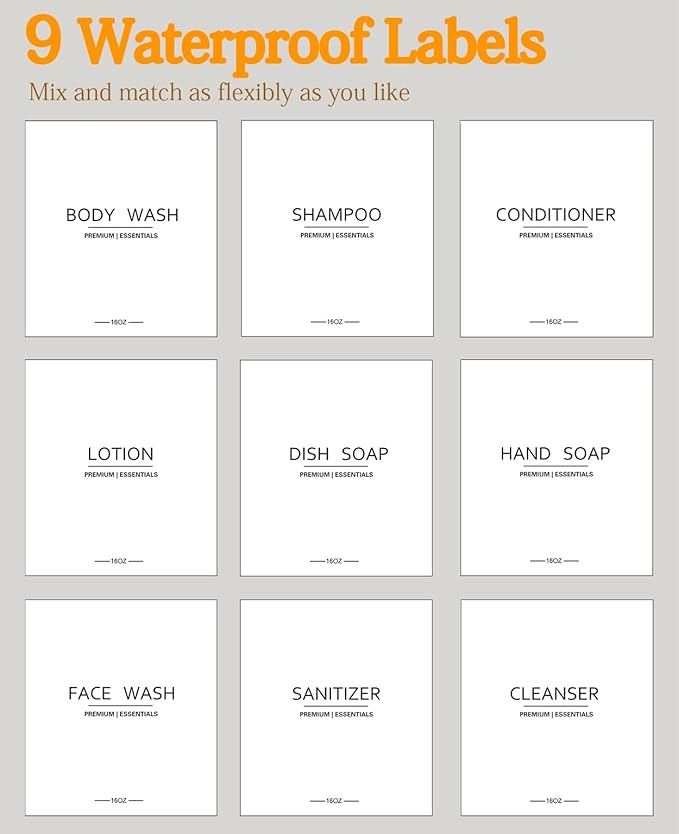 Shower Shampoo and Conditioner Bottles, Apothecary Dispenser Bamboo Pump, Refillable Bottles for Lotion Oil Hand Soap and Dish Soap, Plastic Set (3 Bottles 9 Labels) (3, Black)