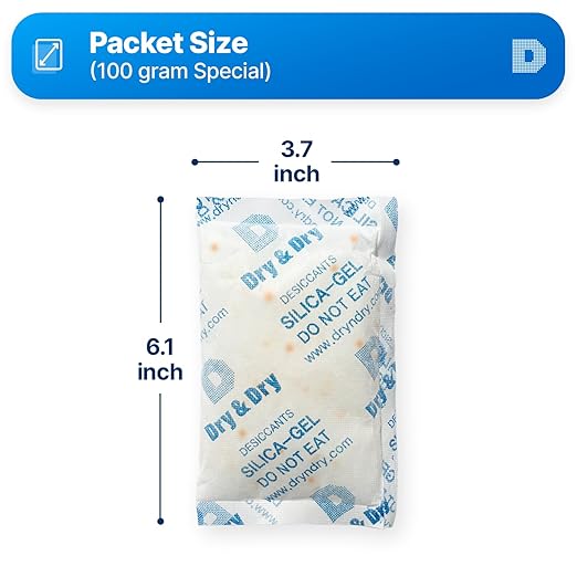 Dry & Dry 100 Gram [14 Packets] Orange Indicating Silica Gel Packets Desiccants - Food Safe Silica Packs, Silica Gel, Silica Packets, Desiccant Packs for Food Storage