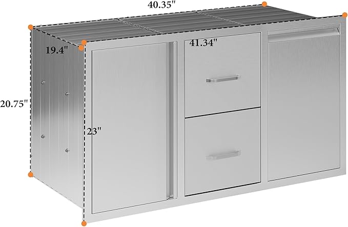 Jocisland 41.5" W20 D23 H Stainless Steel Outdoor Kitchen Drawers, Double Drawers with Trash Drawer & Door, 3-Tier Cabinet, Built-in BBQ Island Storage for Outdoor Kitchens