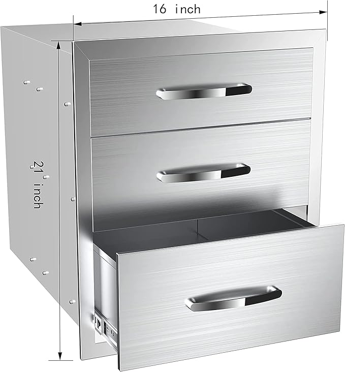 Outdoor Kitchen Drawers Stainless Steel 16W X 21H X 23D Inch, Flush Mount Triple BBQ Island Drawers with Handle for Outdoor Kitchens, Patio or Grill Station