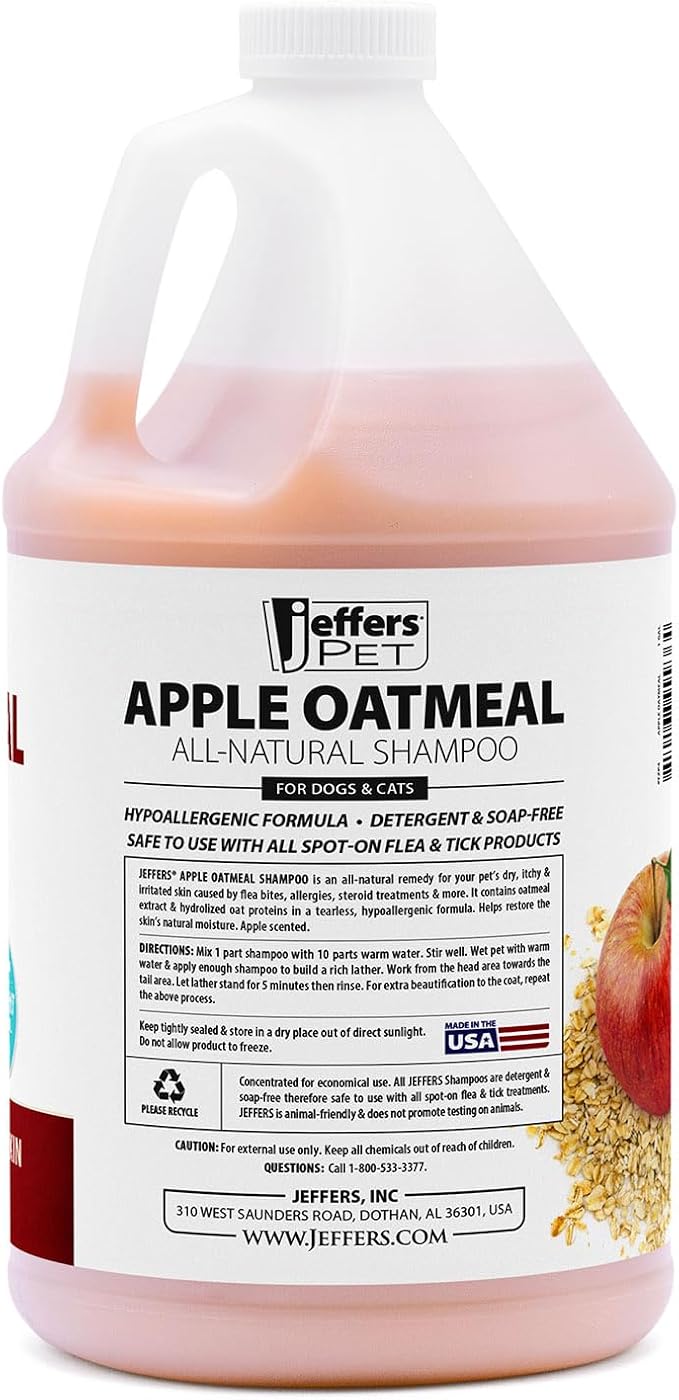 Jeffers Pet Apple Oatmeal Shampoo for Dogs & Cats, 128 oz - Gentle Coconut Based Formula w/Colloidal Oat Protein, Soap Free, Deodorizing Apple Scent, Sensitive Skin, Puppies Kittens Grooming Care