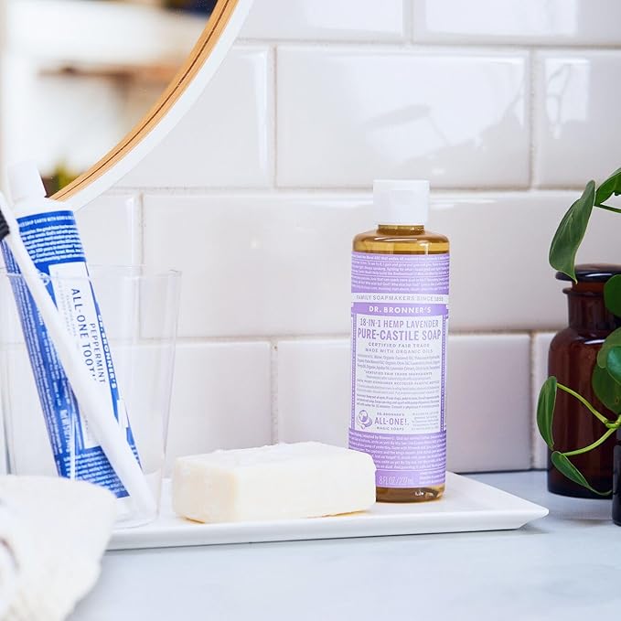 Dr. Bronner's Magic Soap-Pure-Castile Liquid Soap (Lavender, 8 ounce)-Regenerative Organic Certified Oils, 18-in-1 Uses: Body, Hair, Laundry, Pets & Dishes, Concentrated, Vegan, Non-GMO