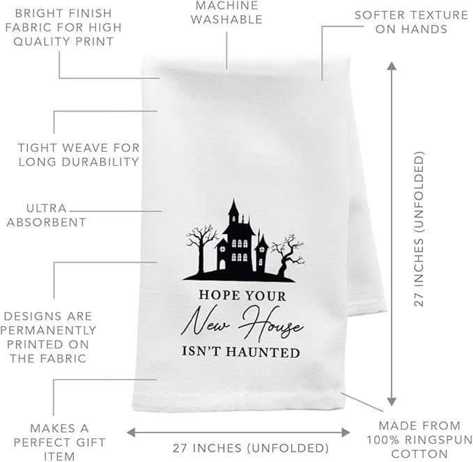 Andaz Press Funny Kitchen Towel, Flour Sack Tea Towel, Hope Your New House Isn't Haunted, Kitchen Gifts, Birthday Housewarming Gifts for Couples, Host, Hostess Kitchen Decor, Hand Towel, Dish Towel