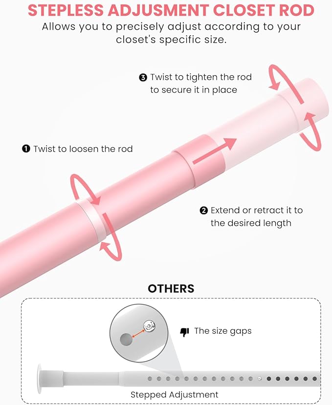 Closet Rods for Hanging Clothes, 17 to 84 Inches Stepless Adjustable Metal Closet Rod, 1.3 Inches Heavy Duty Clothes Hanging Rod for Closet Wardrobes Laundry RV, Pink