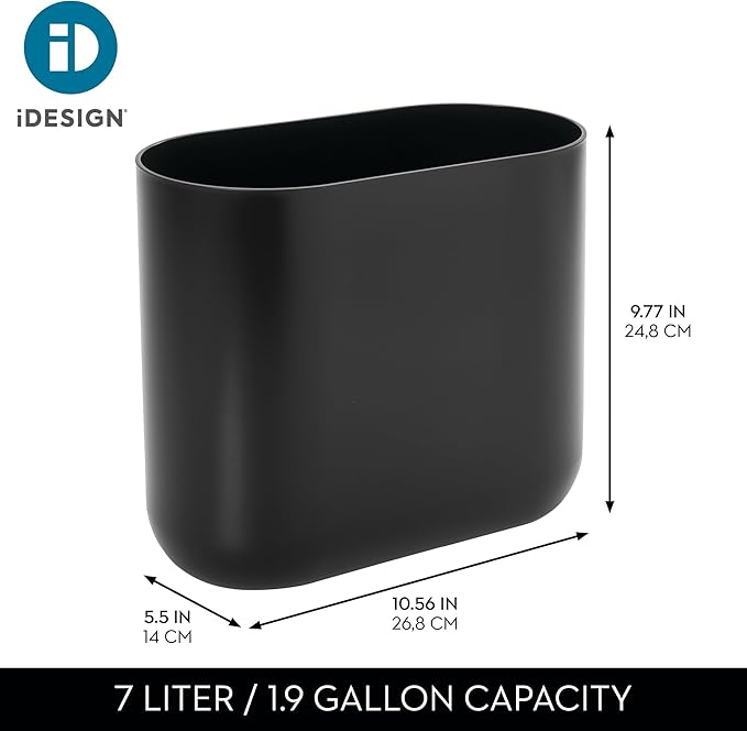iDesign Small Slim Plastic Bathroom Trash Can, Garbage Can for Bedroom, Office, Desk, Dorm, Black