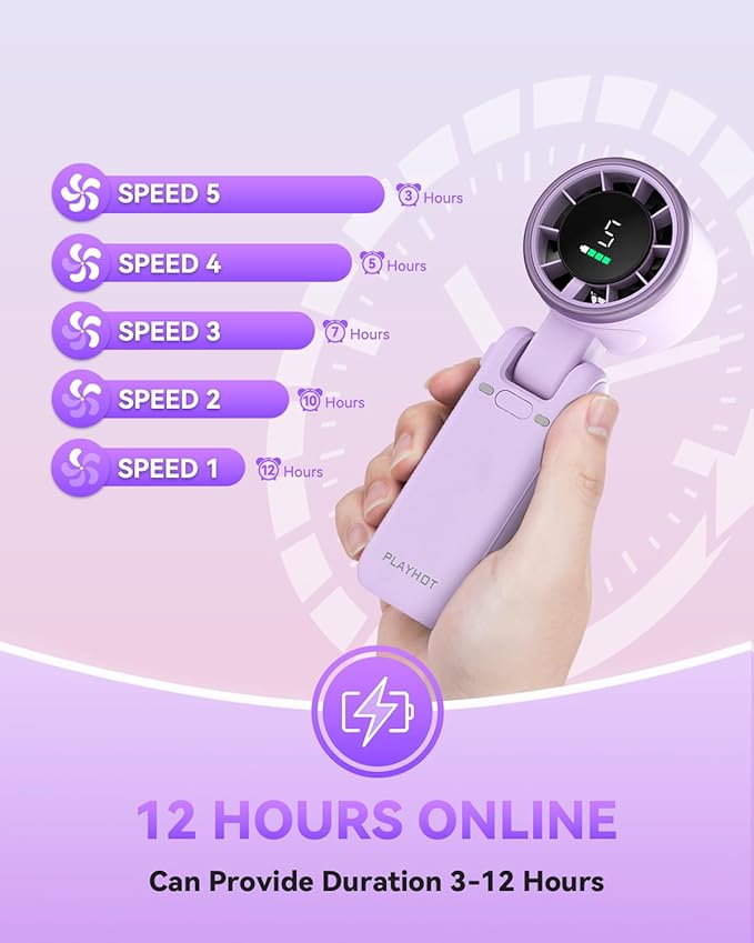 Portable Handheld Turbo Fan, 5-Speed Personal Fans, 5000mAh Rechargeable Fans Up to 12 Hours, Weight only 0.6lb Small Fan, Hand/Neck/Desk Fan 3 IN 1, Beach Vacation Essentials(Purple)