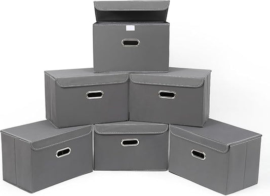 STOREONE Fabric Storage Cube Bins Foldable Organizer Container Collapsible Basket with Lids and Metal Handles, for Home, Bedroom, Closet 6 Pcs (Grey)