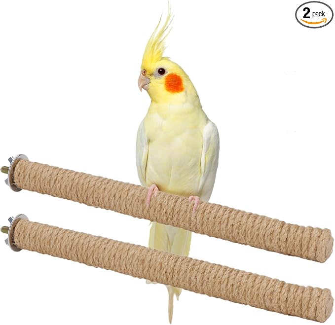 Hypeety Bird Perch Stand Natural Wood Parrot Hemp Rope Perch, 9.84''/25cm | Natural wood chewable stand, birdcage accessories toy, for macaws/cockatoos/african greys/budgies/parakeets/cockatiels, 2pcs