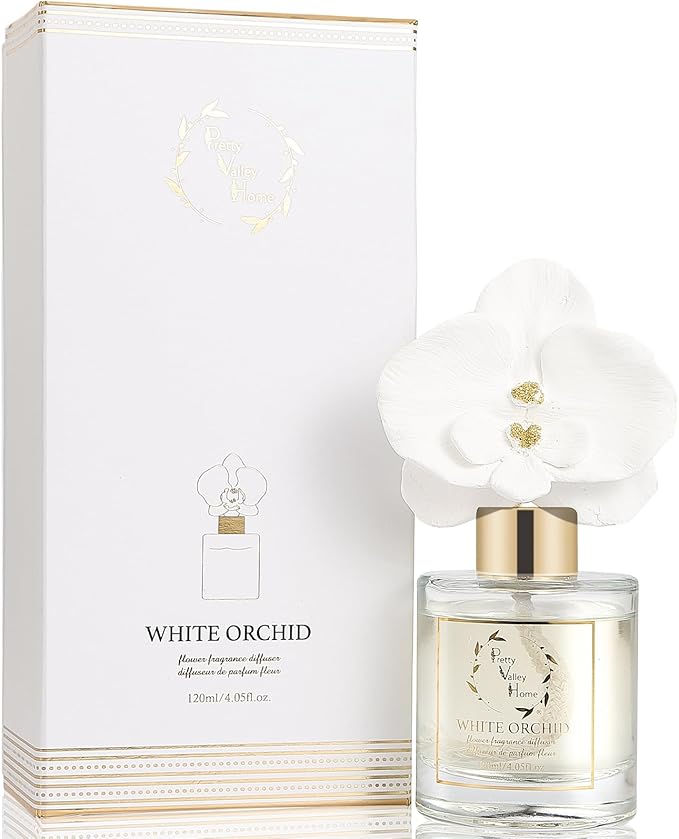 Reed Diffuser Set, Pretty Valley Home Diffuser Gypsum White Orchid Flower Oil 120Ml / 4.05fl OZ Gift Box for Bathroom Office Bathroom Living Room Decor, Long Lasting Fragrance (White Orchid)