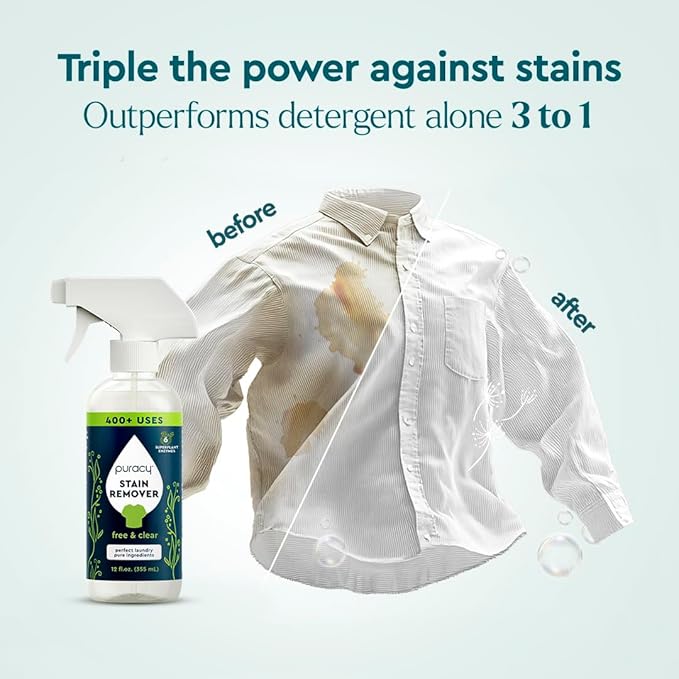 Puracy Stain Remover, Natural Travel and Laundry Stain Cleaner for Clothes, Baby Essentials, Kids Stains, Oil and Fabric Spot Cleaner, Unscented (Stain Remover Spray, 12 fl oz)