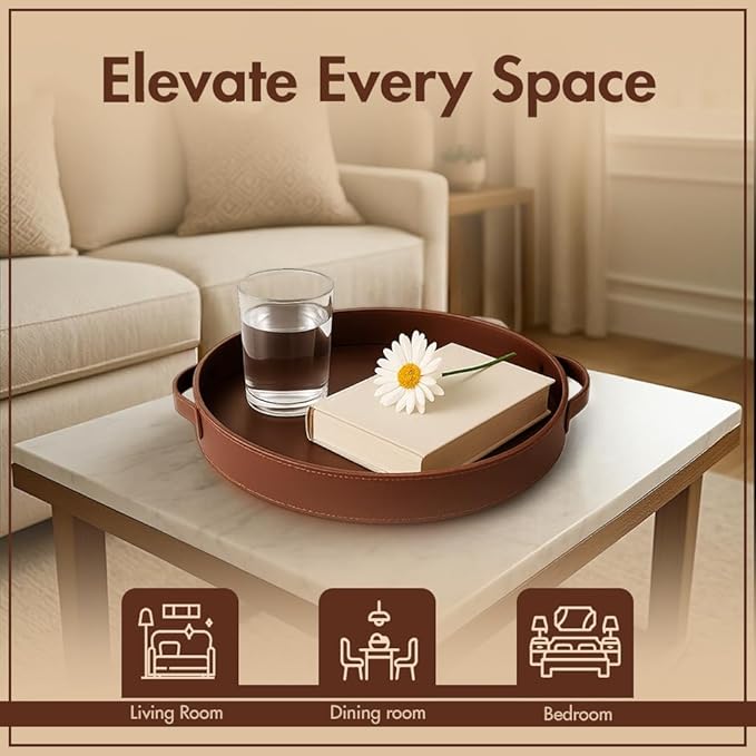 Stitched Round Leather Tray with Leather Handle Ideal for Serving Coffee Drinks Ottoman Tray for Office Home Kitchen Snack Counter Centerpiece Storage (Light Brown (16 x 16 Inch)