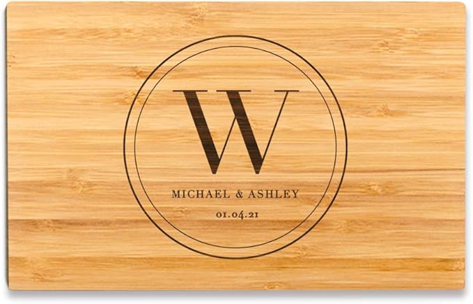 Andaz Press Personalized Laser Engraved Small Bamboo Wood Cutting Board, 9.5 x 6-inch, Round Monogram with Names and Date, Custom Wedding Bridal Shower Anniversary Housewarming Birthday Gift Ideas