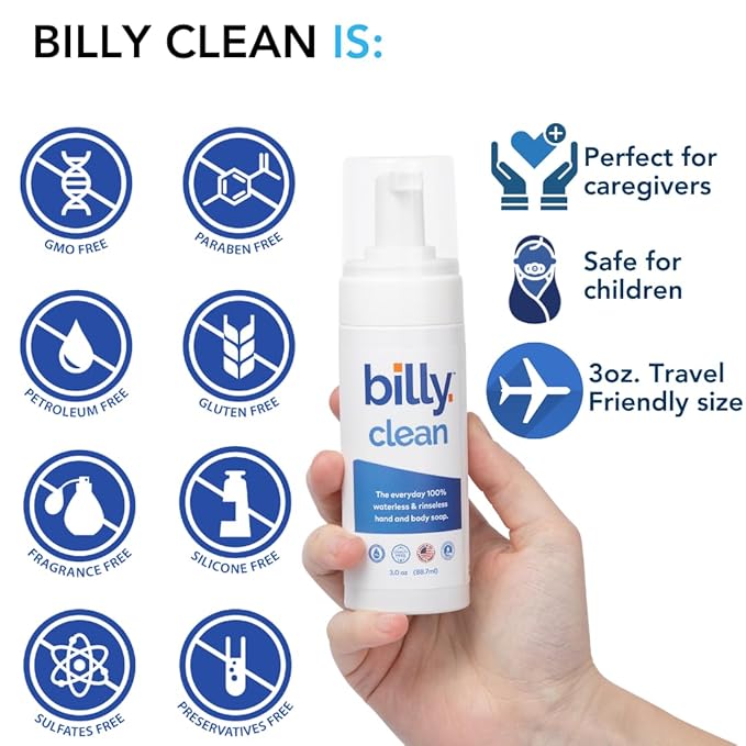 Billy Clean Big 100% Natural No Rinse Waterless Soap, Hand and Body, Travel Size Foaming Hand Sanitizer Alcohol Free, Elderly and Kids