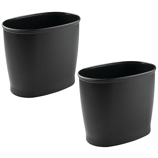iDesign Small Oval Plastic Bathroom Trash Set of 2-Matte Black Waste Can