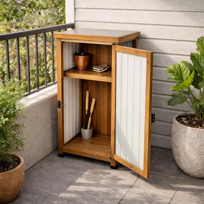 Ketive Outdoor Storage Cabinet with Metal Worktop, Small Garden Storage Cabinet with Adjustable Shelf, Weather-Resistant Fir Wood Tool Organizer for Patio, Backyard, Porch or Balcony
