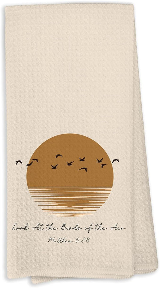 Christian Bird Gifts for Women, Look at The Birds of The Air Kithchen Towel, Sunshine Bible Verse Decor Dish Towels for Kitchen, Abstract Boho Sunshine Neutral Decorative Bathroom Hand Towel