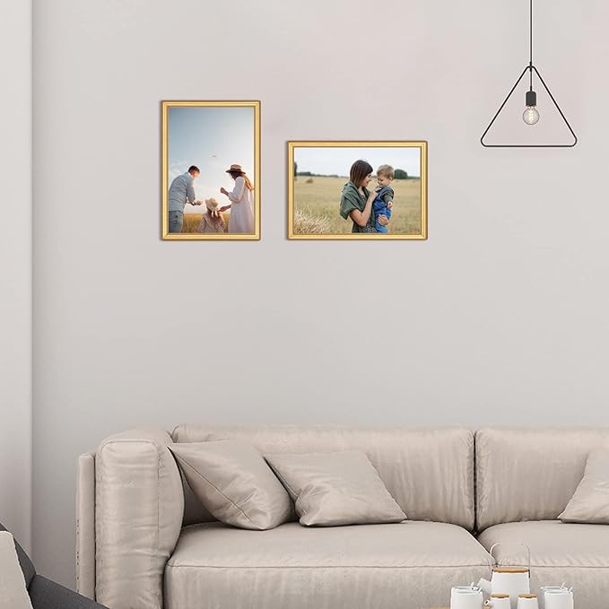 8x10 Picture Frame Matte Gold Modern Simple Thin Aluminum Metal Photo Frame with HD Real Glass, Display for Tabletop and Wall Collage. (2 Pack)