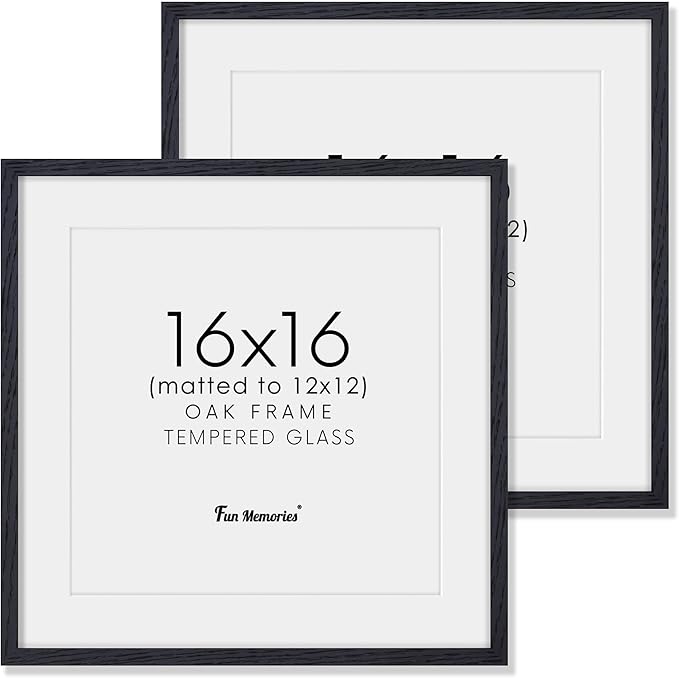 16x16 Picture Frames, Solid Oak Wood Photo Frame 16 by 16, Rustic Wooden Square Picture Frame with Tempered Real Glass, 16 x 16 Square Frame Matted to 12 x 12, Black Color, Set of 2