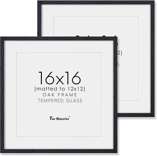 16x16 Picture Frames, Solid Oak Wood Photo Frame 16 by 16, Rustic Wooden Square Picture Frame with Tempered Real Glass, 16 x 16 Square Frame Matted to 12 x 12, Black Color, Set of 2