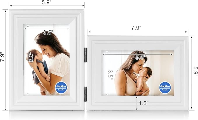 4x6 Double Hinged Picture Frame Folding Photo Frame Vertical and Horizontal in White Pine Wood with Real Glass for Tabletop X2-BAI-SH46