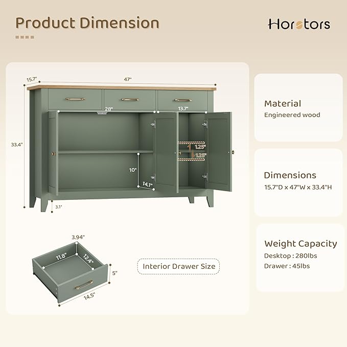 HORSTORS 47" Buffet Cabinet with Storage, Kitchen Buffet Table with Drawer, Modern Coffee Bar Storage Cabinet with Adjustable Shelf, Wood Sideboard for Dining Room, Kitchen, Entryway, Light Green