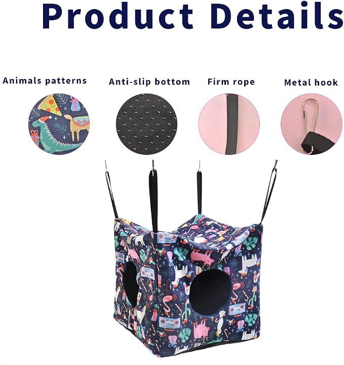 JNJNCWYP 4 Pack Ferret Hammock Set, Hanging Soft Small Animal Hammocks with Hideout,Tunnel and Double Layer,Cage Accessories for Ferret,Rats,Sugar Glider,Squirrel(Navy Blue)