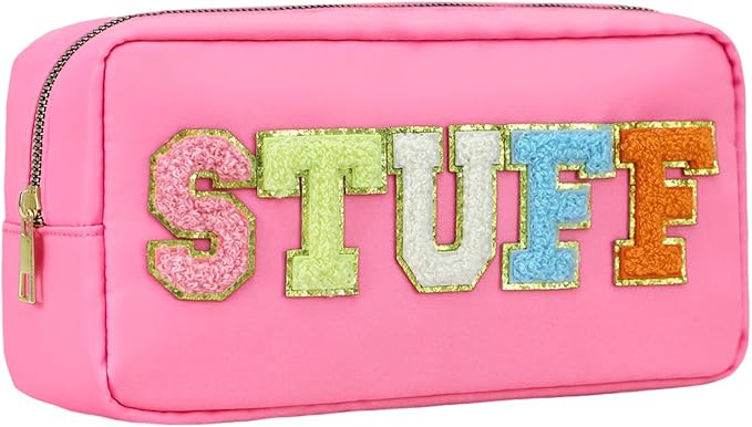 DYSHAYEN Nylon Stuff Cosmetic Bag Small Travel Preppy Makeup Pouch Bag for Women Girls with Chenille Letter Patches (Pink-STUFF)