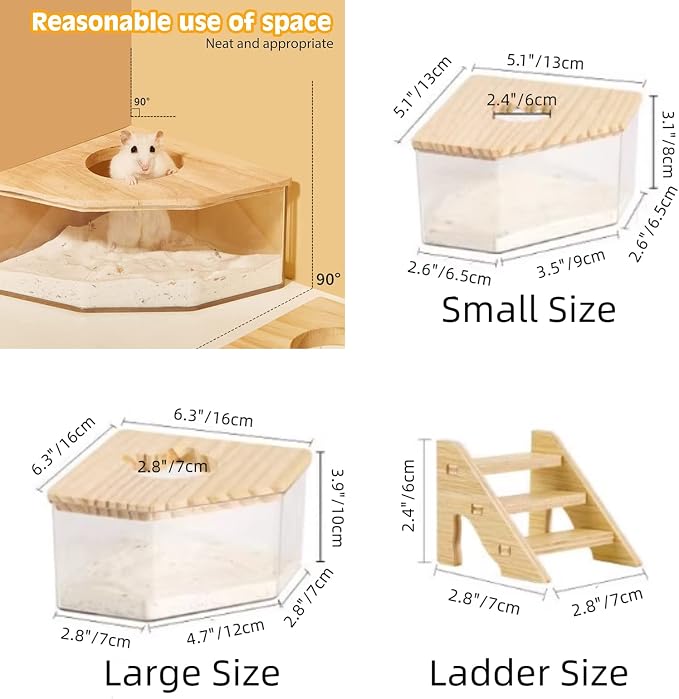 MANON ROSA Small Animal Sand Bath Box with Climbing Ladder - Geometric Shape Transparent Acrylic Shower Room Pet Digging Sand Container - Suitable for Hamsters Mice Lemmings Gerbils (Large,Polygon)