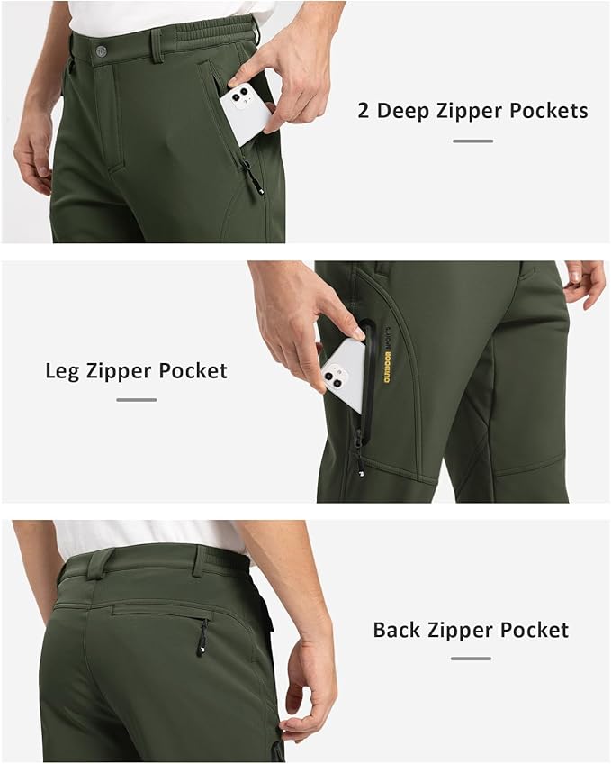 TBMPOY Men's Snow Pants Fleece Lined Hiking Winter Waterproof Softshell Ski Outdoor Insulated Climbing Pants Zipper Pockets