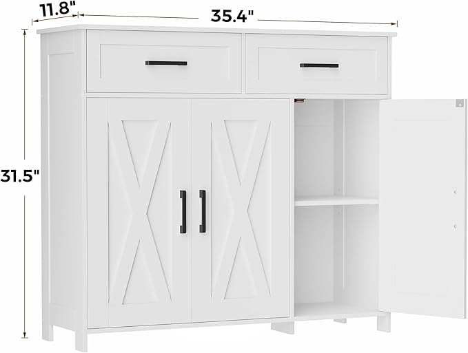 Homhedy Sideboard Buffet Cabinet, Coffee Bar Storage Cabinet with Drawers and Doors, Farmhouse Kitchen Cabinet with Adjustable Shelves, for Kitchen, Dining Room, Living Room, White