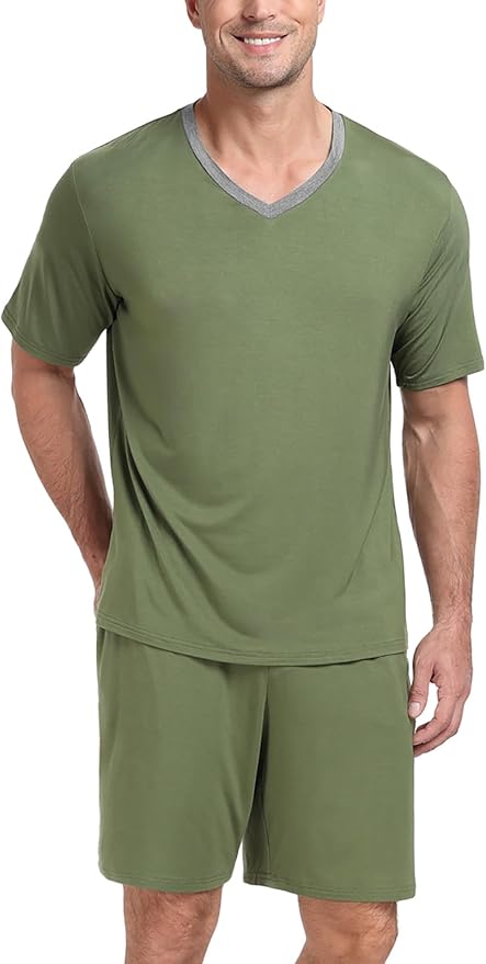PrinStory Men's Pajama Set Sleepwear Pjs Lightweight Quick Dry Short Sleeve V-Neck Shirts and Shorts Soft Comfy Sleep Sets