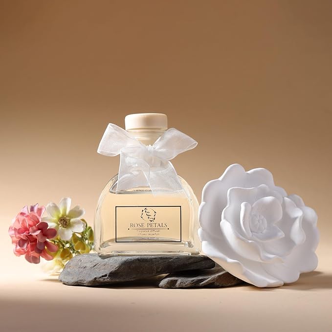 Reed Diffuser Set, Pretty Valley Home Diffuser Gypsum Flower Oil Rose Petals 120Ml / 4.05fl OZ Gift Box for Bathroom Office Bathroom Living Room Decor(Chantel)