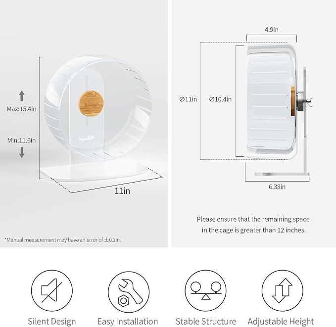 Niteangel Super-Silent Hamster Exercise Wheels: Quiet 11 inch Running Wheel | Can 11.6-15.4" Adjustable Height - No Bend Back Spinner Running for Dwarf Syrian Hamster Gerbils Mice Or Other Small Animal