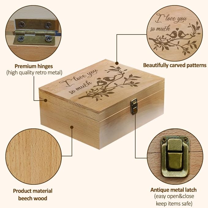 arricraft 1 Pc Wooden Memory Keepsake Box, I Love You So Much Metal Knot Box with Hinged Lid Photo Boxes for Office Storage Keepsake Chest for Anniversary, Wedding, Memory