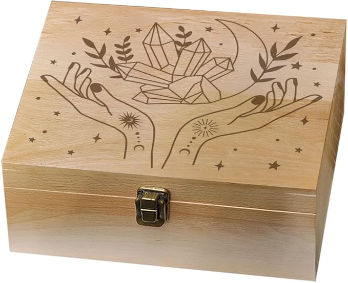 arricraft 1 Pc Wooden Memory Keepsake Box, Crystal and Witchy Hand Pattern Box with Hinged Lids Keepsake Chest for Souvenirs Picture Letter Storage 9.6x7.6x4inch(24.5x19.5x10.3cm)