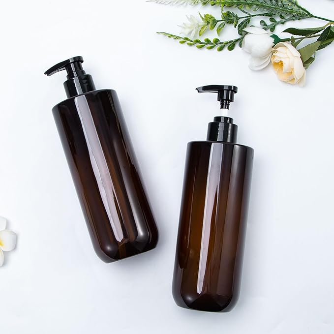 Yebeauty Shampoo Conditioner Body Wash Dispenser, 2 Pack 17oz Empty Bottle with Pump Clear-Amber Hand Soap Container Resuable Bathroom Countertop Soap Dispensers for Hand Dish Soap Kitchen Accessories