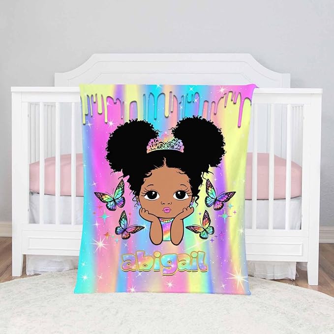 D-Story Custom Blanket with Name Text, Personalized Flannel Throws for Black Girls - Customized Gift for Kids