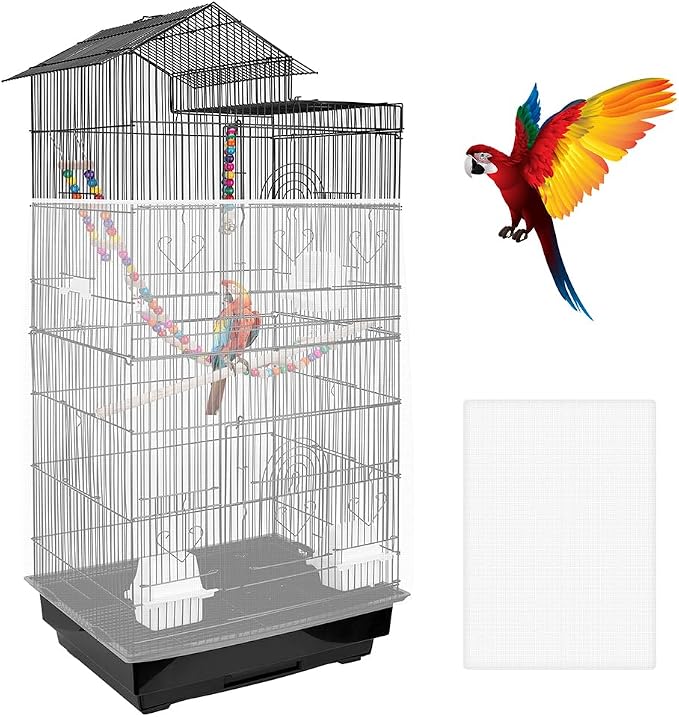 Bird Cage Seed Catcher – Stretchy Mesh Skirt for Parrot Cages, White | Fits most bird cages, stops seed scatter. Breathable, lightweight, reusable. Easy install, washable. Keeps floor clean.