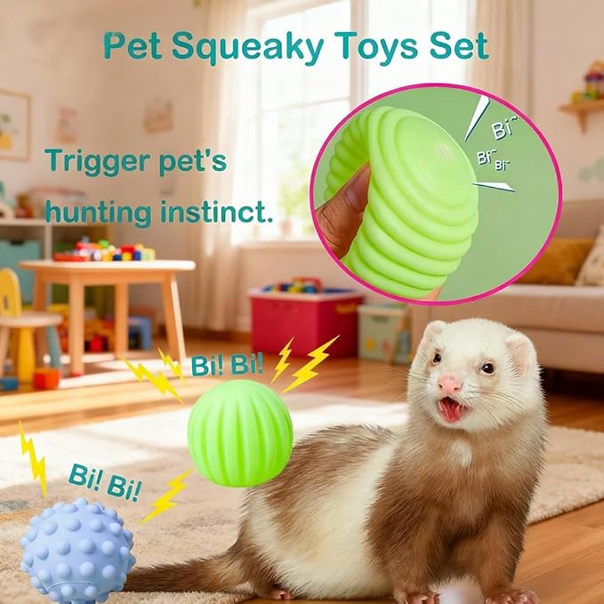 14 pcs Ferret Squeaky Toys Set Rubber Balls Ferret Teeth Grinding Chewing Balls Teething Bouncy Bell Ball Interactive Sound Squeaker Toy Exercise Scratch Chew Toy for Ferrets Pet Cat Dog Small Animals